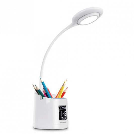 EL621 LuminoDesk Small Desk LED Desk Lamp with Pen Holder, Digital Clock, and Flexible Neck on White Background
